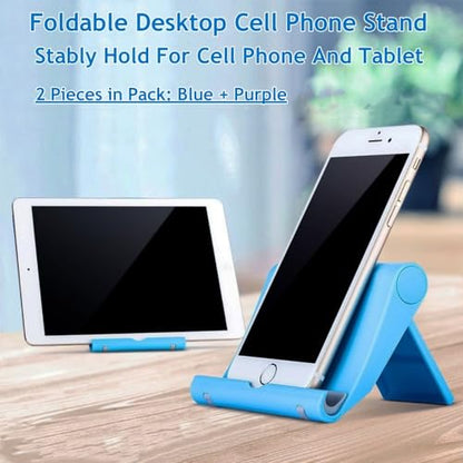 Portable Adjustable Cell Phone Stand, 2 Pack, Universal Fit for Desktop, Tablet, Compatible with Most Phones & Devices (Purple+Blue) - color: Purple+Blue