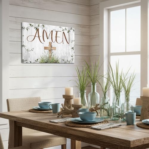 KREATIVE ARTS Amen Wall Art Canvas 16x24 Inch Wooden Cross Greenery