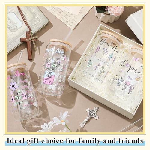 Mumufy 4 Pack Christian Flower Glass Cup, 16 oz Tumbler Mug with Bamboo Lid - style: Christian Flower