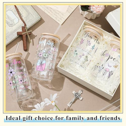 Mumufy 4 Pack Christian Flower Glass Cup, 16 oz Tumbler Mug with Bamboo Lid - style: Christian Flower
