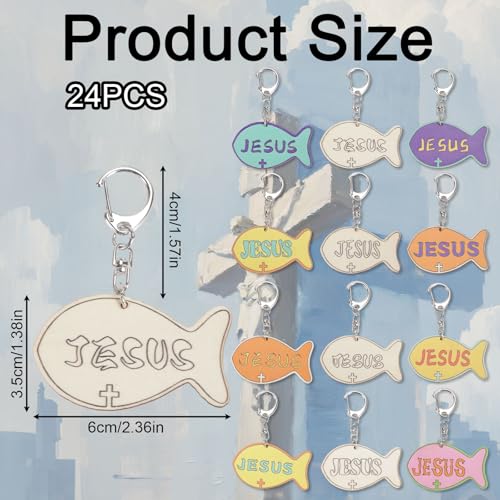 24pcs DIY Jesus Fish Keychains, Wooden Christian Faith Keychain Colorful Religious Keyring Craft Kit for Kids Sunday School Activities Bible School Art Project Party Supplies