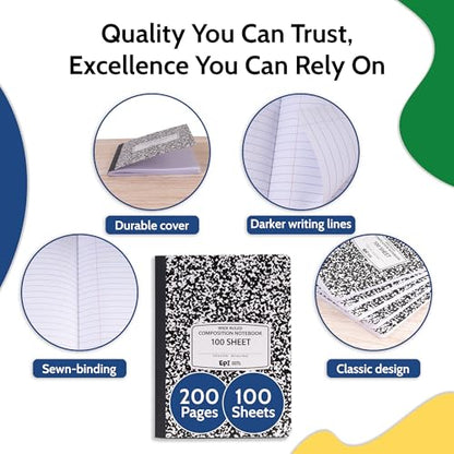 6 Pack - EPI Marble Hardcover Wide Ruled Composition Notebook | 200 Pages (100 Sheets), 9.75 x 7.5 in, Sturdy Sewn Binding | School, Office, Journaling, Notes - size: Pack of 6, style: Wide Ruled