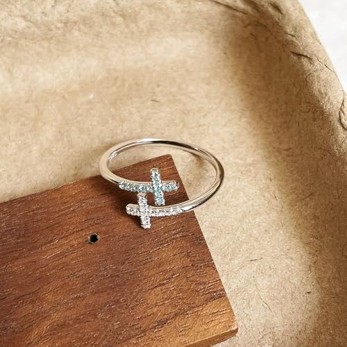 Faith Cross Wrap Ring for Women 925 Sterling Silver Adjustable Cubic Zirconia Double Cross Open Finger Rings Stackable Crystal Wedding Engagement Promise Bands Dainty Christian Religious Jewelry