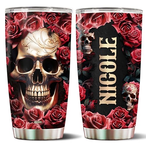 Personalized Rose And Skull Tumbler Gifts for Women Travel Cup Coffee Mug Insulated Stainless Steel 20oz With Lid Water Bottle Gift for Mom Wife Daughter Girls - color: SKULL ROSE