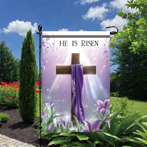 He Is Risen Easter Garden Flag 12x18 Inch Christian Cross with Lilies Religious Spring Outdoor Yard Banner for Resurrection Day - color: Easter Cross Risen #3