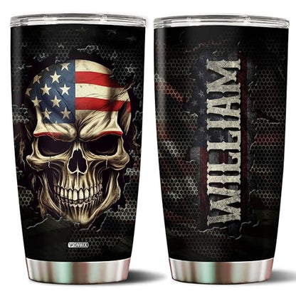 Personalized American Flag Skull Tumbler Gifts for Men Travel Cup Coffee Mug Insulated Stainless Steel 20oz With Lid Water Bottle Gift for Dad Him Husband Son - color: SKULL FLAG