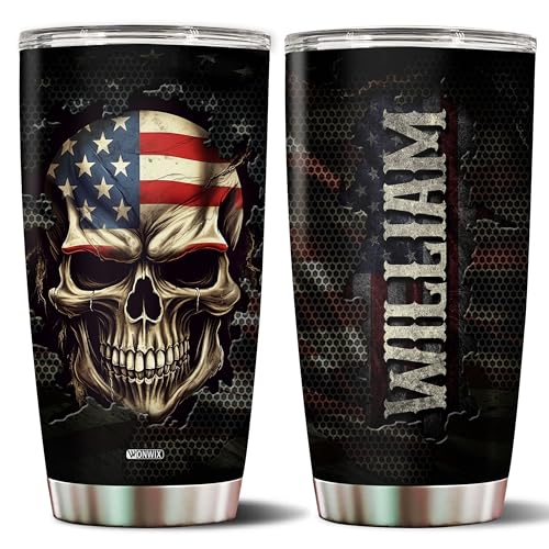 Personalized American Flag Skull Tumbler Gifts for Men Travel Cup Coffee Mug Insulated Stainless Steel 20oz With Lid Water Bottle Gift for Dad Him Husband Son - color: SKULL FLAG