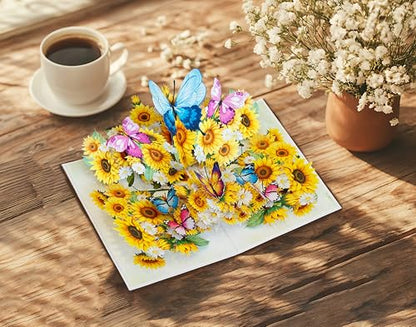 Sunflowers with Butterflies 3D Get Well Soon Card, Sympathy Cards, Thinking of You Pop Up, Mothers Day Card, 6x8in 3D Birthday Cards for Women for Wife, Her, Sister, Grandma (PQ Sunflowers w Butterflies) - color: Sunflowers w Butterflies