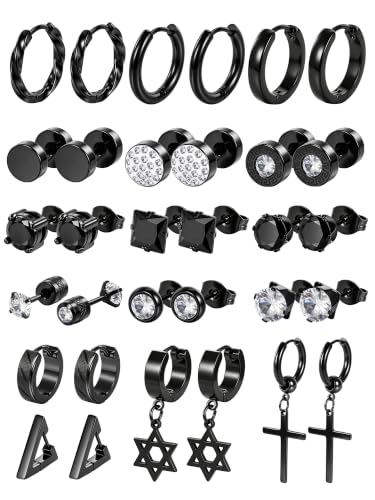 Oveta 16 Pairs 18G 16G Stainless Steel Mens Earrings, Earrings for Men with Studs Hoop Earring Cross Dangle Earrings Hypoallergenic Ear Piercing Jewelry for Men Women, Silver Gold Black - color: Black