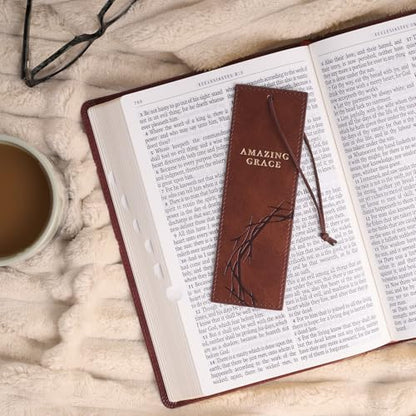 Christian Art Gifts Premium Faux Leather Scripture Bookmark: Amazing Grace - color: Brown Crown of Thorns/Amazing Grace