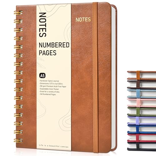 Lined Spiral Journal Notebook, A5 Hardcover Spiral Journals for Women Men, 150 Numbered Pages Spiral Bound Notebook, 100 GSM College Ruled Notebooks for Writing Note Taking 5.75" x 8.38", Brown - color: Brown