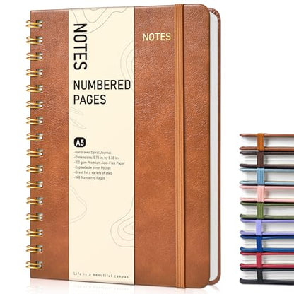 Lined Spiral Journal Notebook, A5 Hardcover Spiral Journals for Women Men, 150 Numbered Pages Spiral Bound Notebook, 100 GSM College Ruled Notebooks for Writing Note Taking 5.75" x 8.38", Brown - color: Brown