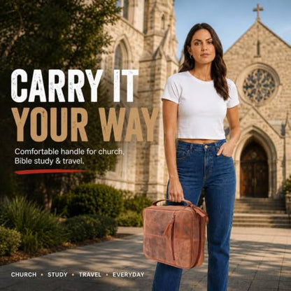 11 x 8 inch Genuine Leather Bible Cover for Men & Bible Case Women Organizer with Handle & Pocket Pen Holder Christian Religious Gift Cross Bookmark Bible Carrying Bag for Church - Red - color: Red