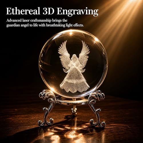 2 Pcs Crystal Ball with Silver Stand - 3D Laser Engraved Guardian Angel & Clear Glass Sphere Paperweight, Healing Crystal Figurine for Home Decor, Wedding & Angel Lovers Gift - color: Clear&angel