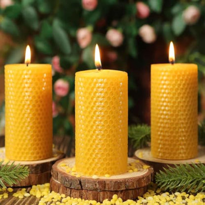 Beeswax Pillar Candles,Non-Toxic Honeycomb Bees Wax Candle for Home,Yellow - color: 2x4in, size: 3pcs