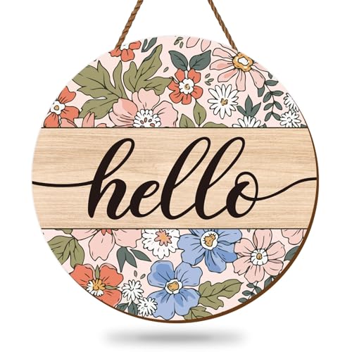 Whaline Vintage Hello Front Door Sign Boho Flower Welcome Wall Sign Colorful Floral Wooden Hanging Wreath for Spring Summer Holiday Indoor Outdoor Farmhouse Home Porch Window Decor - style: boho