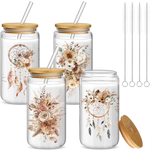 Mumufy 4 Pack Earthy Botanical Glass Cup, 16 oz Tumbler Mug with Bamboo Lid - style: Earthy Botanical