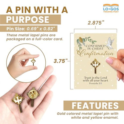 First Communion Monstrance – Gold Lapel Pin With White Enamel on Decorative Card – Elegant Metal Dove on Small Cross – Packaged for Gifting and Church Celebrations - First Communion Lapel Pin for men and women