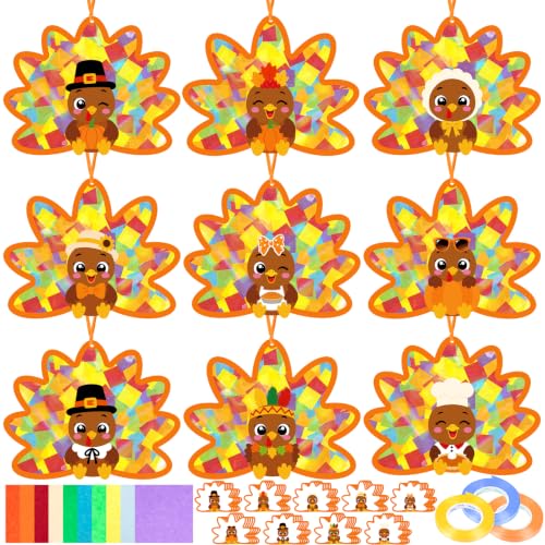 Renbuzhu 48PCS Thanksgiving Crafts Bulk: Cute Turkey Paper Suncatchers DIY Kit for Fall Activities Decorations, Window Stained Glass Effect Art Supplies - style: cute turkey crafts