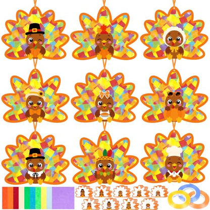 Renbuzhu 48PCS Thanksgiving Crafts Bulk: Cute Turkey Paper Suncatchers DIY Kit for Fall Activities Decorations, Window Stained Glass Effect Art Supplies - style: cute turkey crafts
