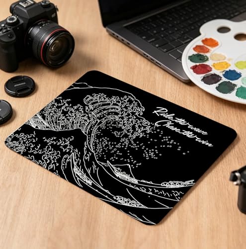 Great Wave Inspirational Mouse Pad, 10.2×8.3 Inch Ride the Wave Quote Desk Mat, Non-Slip Motivational Mousepad, Gift for Surfers, Art Lovers & Office Workers - color: Black Funny Inspirational-13