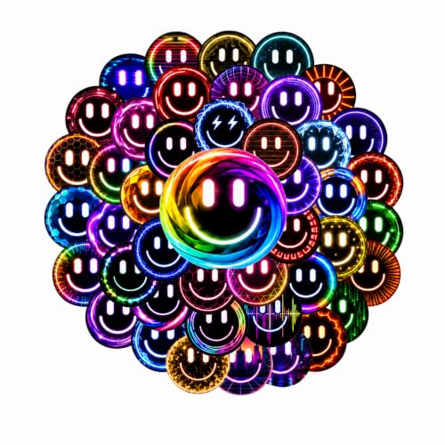 50 Neon Smiley Face Stickers, 2 Inch Waterproof Pack for Water Bottles - color: Neon