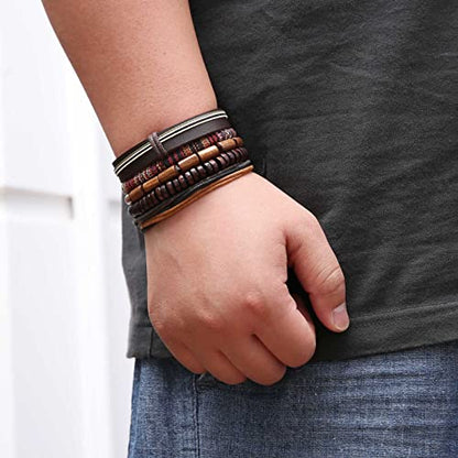 HZMAN Handmade Hemp Cords Wood Beads Leather Bracelets for Men Women - style: 2Pcs Leather Bracelets