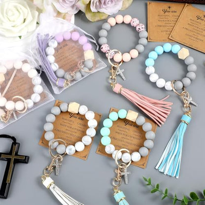 gisgfim 6 Sets Christian Silicone Wristlet Keychain Bracelet With Cross