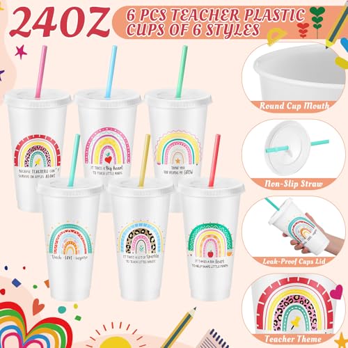 Funnymoom 24 Pcs Teacher Appreciation Gift from Students 2026 End of Year Thank You Gifts Bulk 24 oz Plastic Tumbler Cup Makeup Cosmetic Bag Crew Sock Keychain for Retirement - style: Rainbow