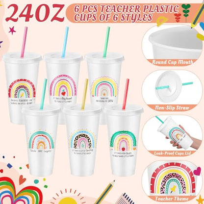 Funnymoom 24 Pcs Teacher Appreciation Gift from Students 2026 End of Year Thank You Gifts Bulk 24 oz Plastic Tumbler Cup Makeup Cosmetic Bag Crew Sock Keychain for Retirement - style: Rainbow