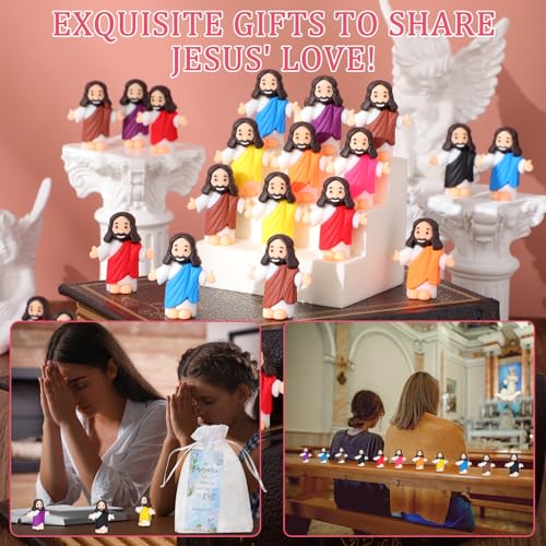 Barydat 100 Sets Mini Jesus Figurines Bulk Easter Gift Little Jesus Figures Tiny Toys Christ Savior Doll with Cards Bags for Religious Party Favors Sunday School Baptism Gift(Floral Style) - style: Floral Style