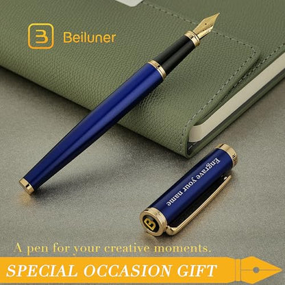 BEILUNER Blue Personalized Fountain Pen,Stunning Luxury Lacquer,24K Gilded Nib(Fine),Gorgeous 24K Gold Finish, Ink Converter,Fancy Gift for Men&Women-Elegant, Graduation,Nice Pens for Writing - color: ,Blue with Gold (Personalized), style: Fine Nib