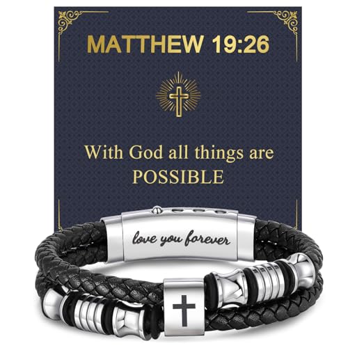 Men's Leather Cross Bracelet - Silver Double Row Braided Leather Cross Bracelet for Men with Inspirational Bible Verse Card, Faith Christian Religious Gift for Husband Son on Baptism Easter Birthday - color: MATTHEW 19:26