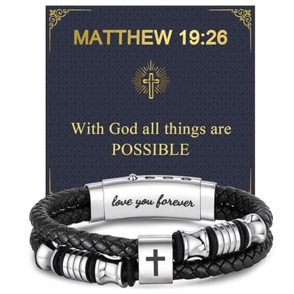Men's Leather Cross Bracelet - Silver Double Row Braided Leather Cross Bracelet for Men with Inspirational Bible Verse Card, Faith Christian Religious Gift for Husband Son on Baptism Easter Birthday - color: MATTHEW 19:26