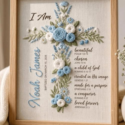 NAZENTI Custom Hand Embroidery Wooden Frame Sign Baptism Gift for Boy, Personalized Embroidered Floral Sign with Name - color: DS06