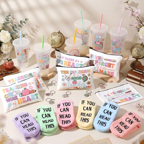 Funnymoom 24 Pcs Back to School Teacher Appreciation Gift from Students 2026 Thank You Gifts Bulk Pastel 24 oz Inspirational Plastic Tumbler Cup Makeup Cosmetic Bag Crew Sock Keychain for Retirement - style: Bright Teacher