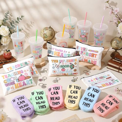 Funnymoom 24 Pcs Back to School Teacher Appreciation Gift from Students 2026 Thank You Gifts Bulk Pastel 24 oz Inspirational Plastic Tumbler Cup Makeup Cosmetic Bag Crew Sock Keychain for Retirement - style: Bright Teacher
