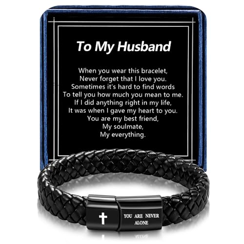 Black Braided Leather Bracelet for Men, Bible Verse Inspirational Christian Religious Bracelet for Man Dad Husband Boyfriend Grandson Son Birthday Baptism Easter Gifts - color: To My Husband