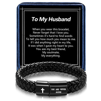 Black Braided Leather Bracelet for Men, Bible Verse Inspirational Christian Religious Bracelet for Man Dad Husband Boyfriend Grandson Son Birthday Baptism Easter Gifts - color: To My Husband