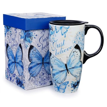 Topadorn 17oz Ceramic Travel Mug with Lid, Blue Butterfly Mug - color: Butterfly