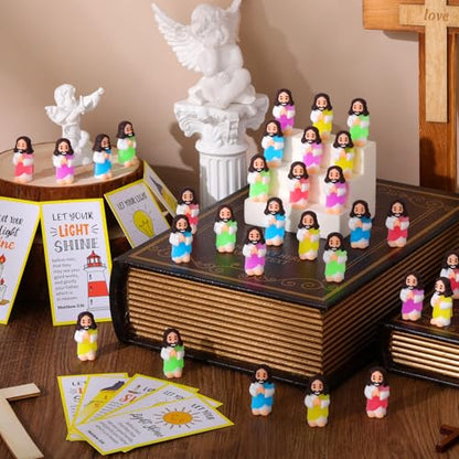 CroBlissful 30 Sets Mini Jesus Figurines Bulk Christian Glow in The Dark with Let Your Light Shine Cards for Christian Sunday School Religious Party Favor Halloween(Hands Together) - style: Hands Together