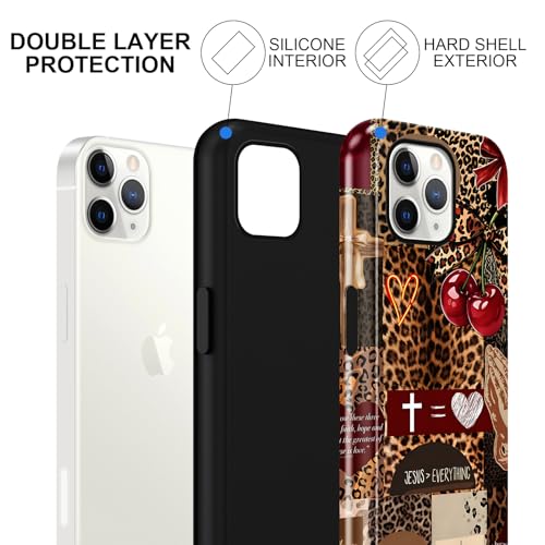 for iPhone 11 Pro 5.8'' Brown Cheetah Christian Phone Case - color: Red Cherry Leopard Collage, size: iPhone 11 Pro
