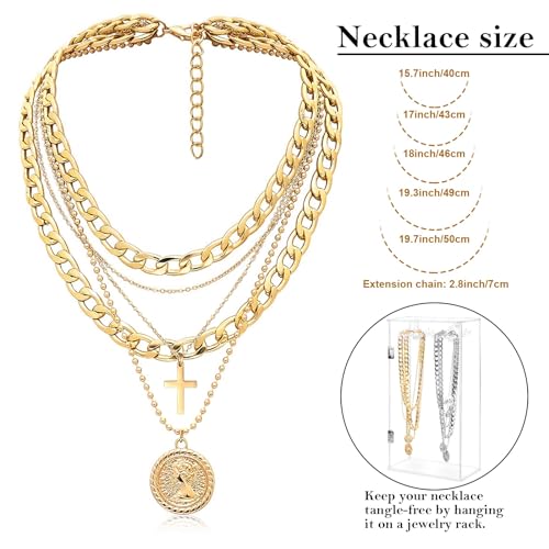 Gold Layered Necklaces for Women Chunky Choker Link Chain Trendy Retro Coin 14K Pendant Necklace Handmade Dainty Layering Poppy Lotus Rose Birth Flower Necklaces Gift