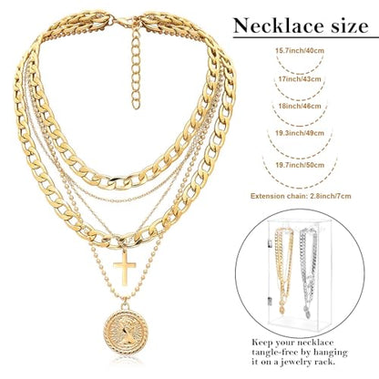 Gold Layered Necklaces for Women Chunky Choker Link Chain Trendy Retro Coin 14K Pendant Necklace Handmade Dainty Layering Poppy Lotus Rose Birth Flower Necklaces Gift