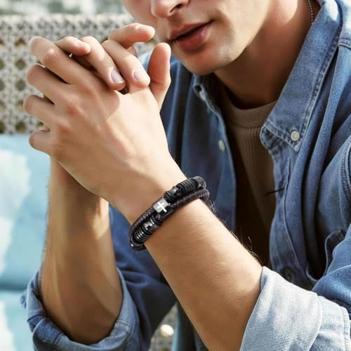 Christian Brown Leather Bracelet for Men - Double-Row Braided Leather Faith Cross Bracelets Bangle Religious Baptism Inspirational Bible Verse Jewelry Gift for Young Men Teenage, Adjustable Wristband - color: Love you forever