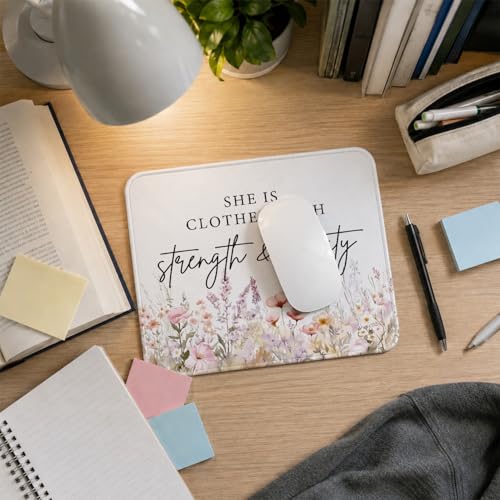 QIYUHOY Christian Inspirational Floral Mouse Pad, 9.5x7.9 Inch - color: staength & dignity
