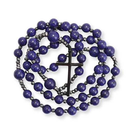 Nazareth Store Jasper Rosary Necklace – Catholic Handmade Rosary with Stone Beads, Hematite Spacers, and Black Alloy Cross – Durable Prayer Beads for Men and Women - color: Lapis Lazuli