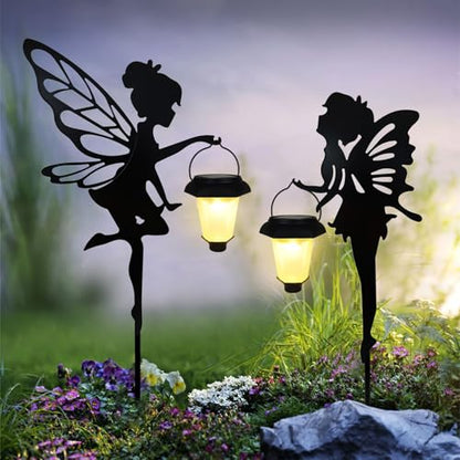 SUNNYPARK 2 Pack Solar Fairy Garden Metal Stake Decorative Lantern - size: Fairy2