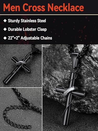 FaithHeart Stainless Steel Cross Necklace for Men, Silver/Black/Gold Cross Chains for Men Religious Amulet Necklaces Christian Gifts for Dad - style: Wrap Cross-Black