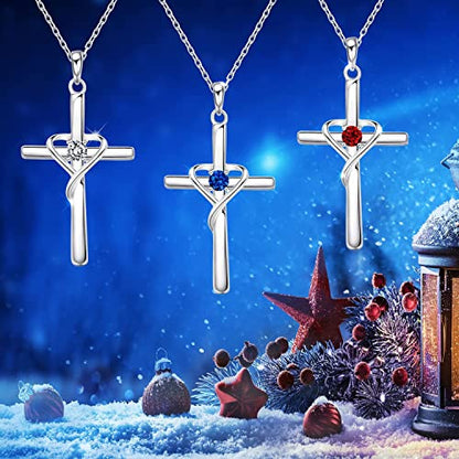 AmorAime 925 Sterling Silver Cross Necklace for Women Men 14K Gold Plated 5A CZ Birthstone Necklaces for Holiday - color: D.white-CZ-April